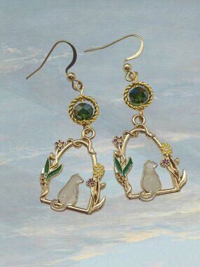 White Enamel Windowsill Kitty Cat Dangle Earrings